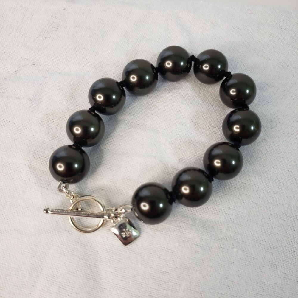 Lauren Ralph Lauren Gray Ball Bead Bracelet Silver Tone Toggle Clasp Signed 8"